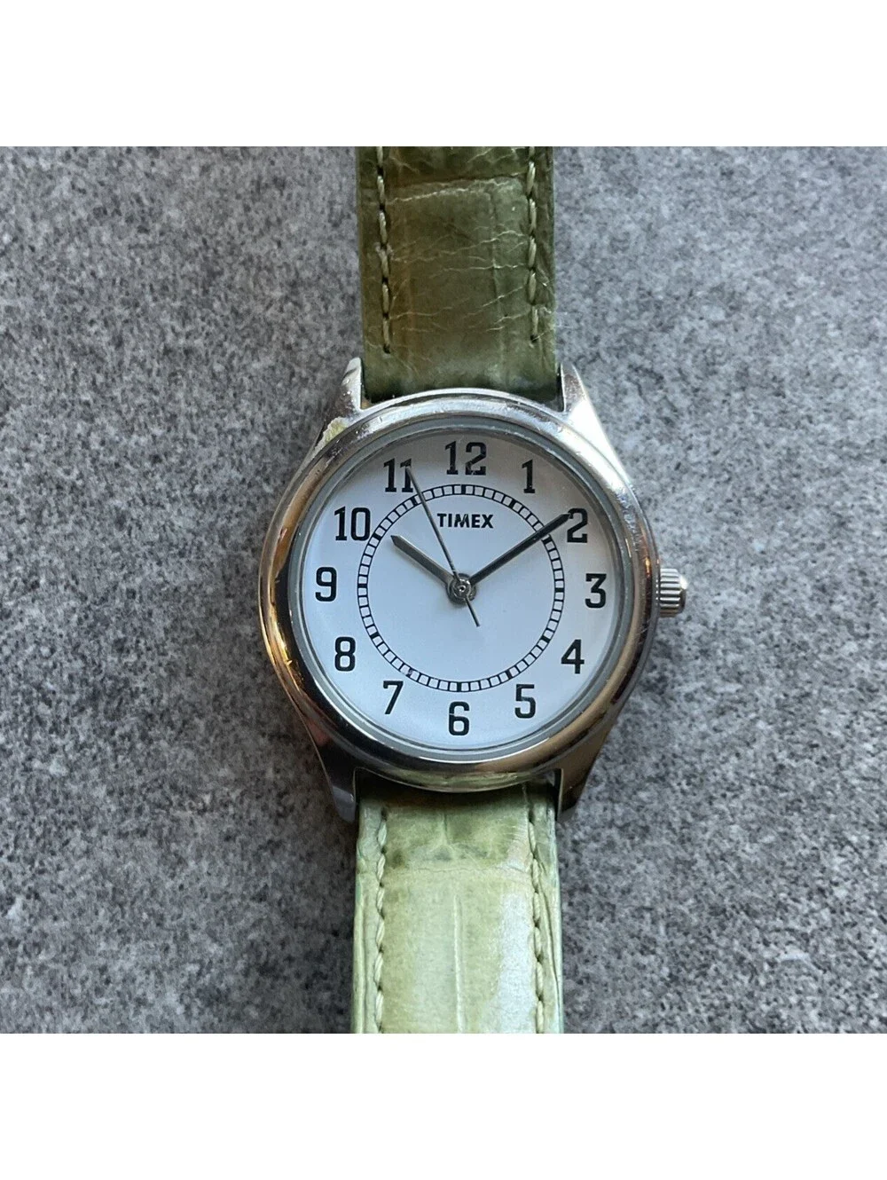 Timex Women’s Watch Silver Tone With White Dial And Light Green Leather Band B-N